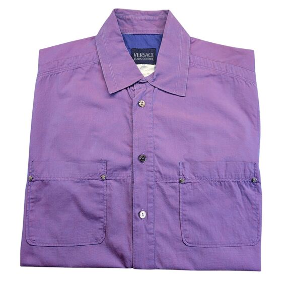 Vtg VERSACE Jeans Couture Iridescent Purple Silk‎ Mens Medusa Metal Studs Medium - Picture 9 of 16